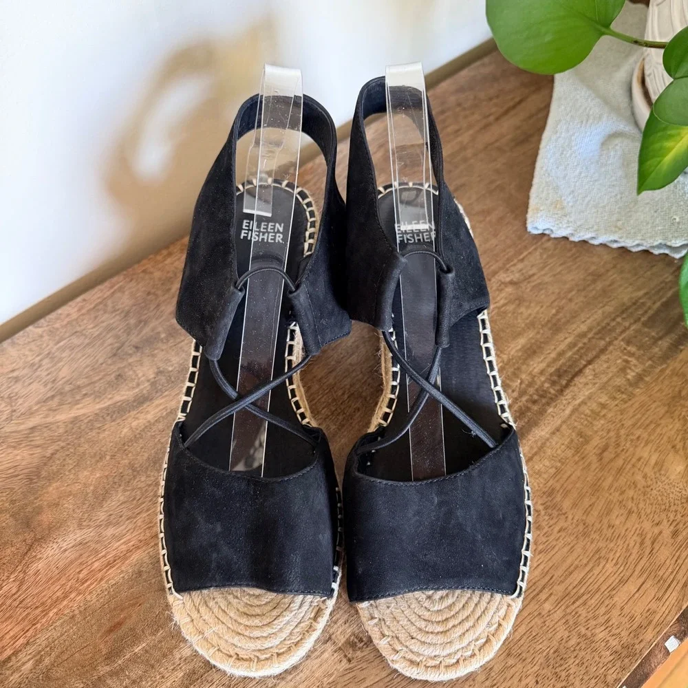 Eileen Fisher Agnes Espadrille Wedge Sandal Size 10 Black Suede Summer Boho Chic